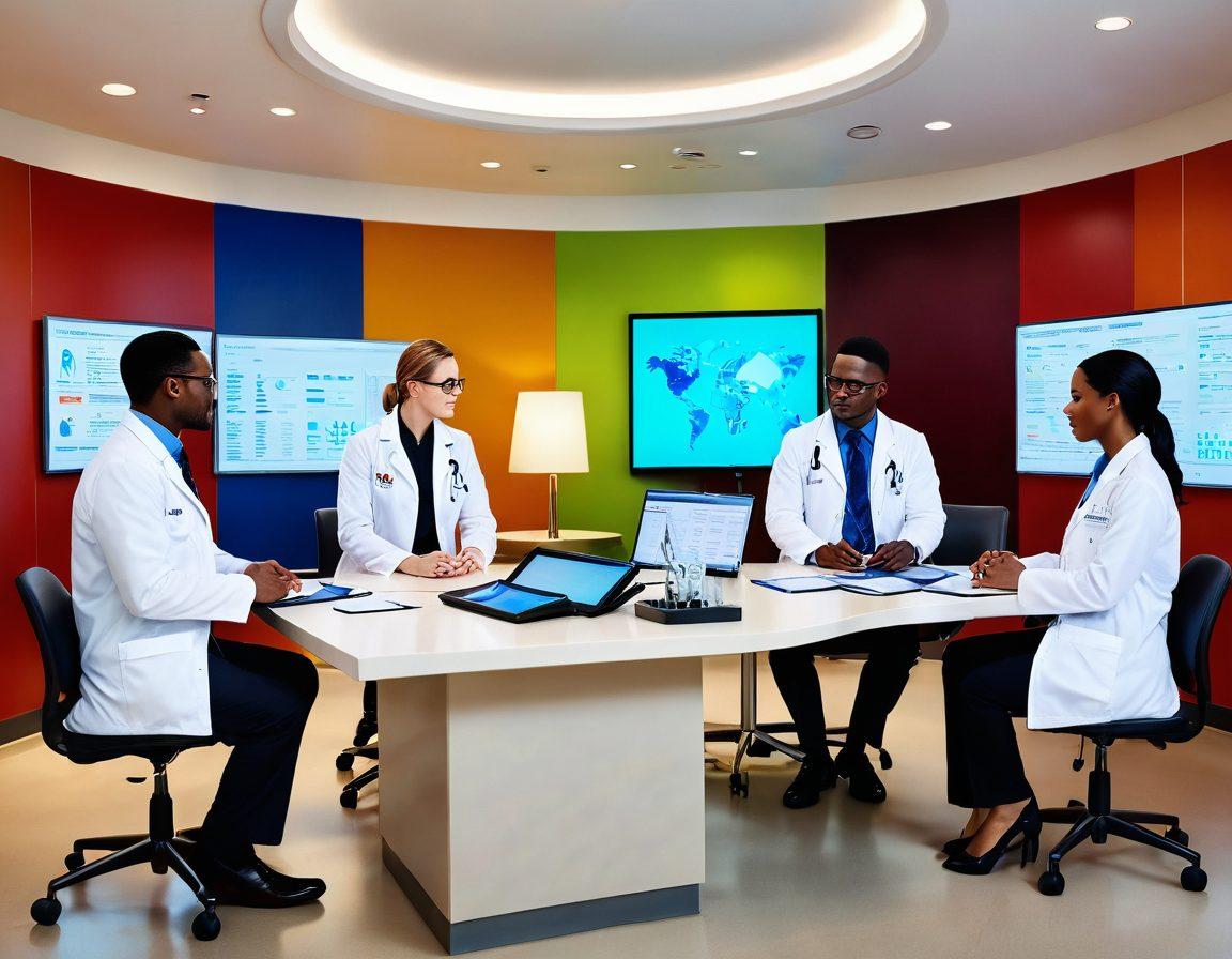 An inviting and modern medical consultation setting, featuring a diverse group of confident physicians discussing health tips. Include elements like a digital tablet displaying health data, anatomical models in the background, and a bright, warm color scheme that conveys approachability. The physicians should be in professional attire, engaging with a friendly demeanor, showcasing collaboration and expertise. super-realistic. vibrant colors. clean background.