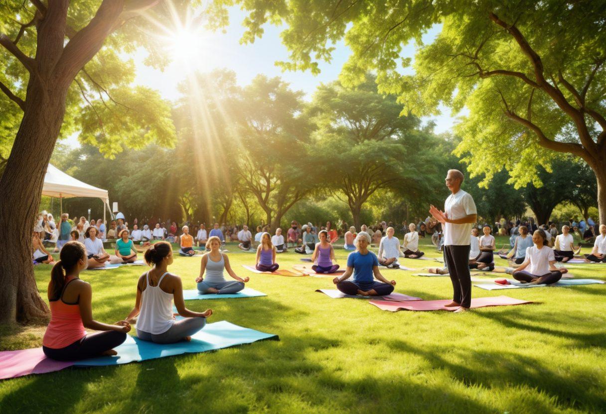 A serene and vibrant scene depicting a diverse group of physicians sharing wellness tips in a bright, open park. The physicians are engaged in discussions while young and old people practice yoga, meditate, and enjoy healthy food stalls. Sunny skies and lush greenery in the background, symbolizing vitality and health. Include visual elements like fruits, water bottles, and fitness tools scattered around to emphasize wellness. super-realistic. vibrant colors. peaceful atmosphere.